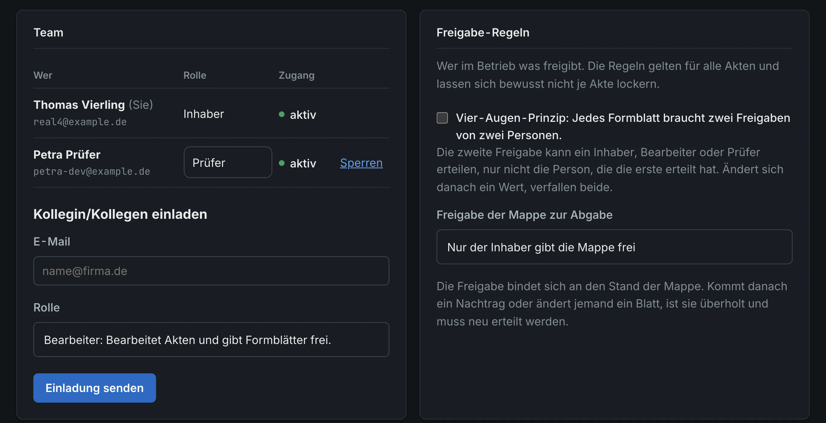Einstellungen: Team mit Rolle und Zugang je Person, Freigabe-Regeln mit Vier-Augen-Prinzip und Freigabe der Mappe