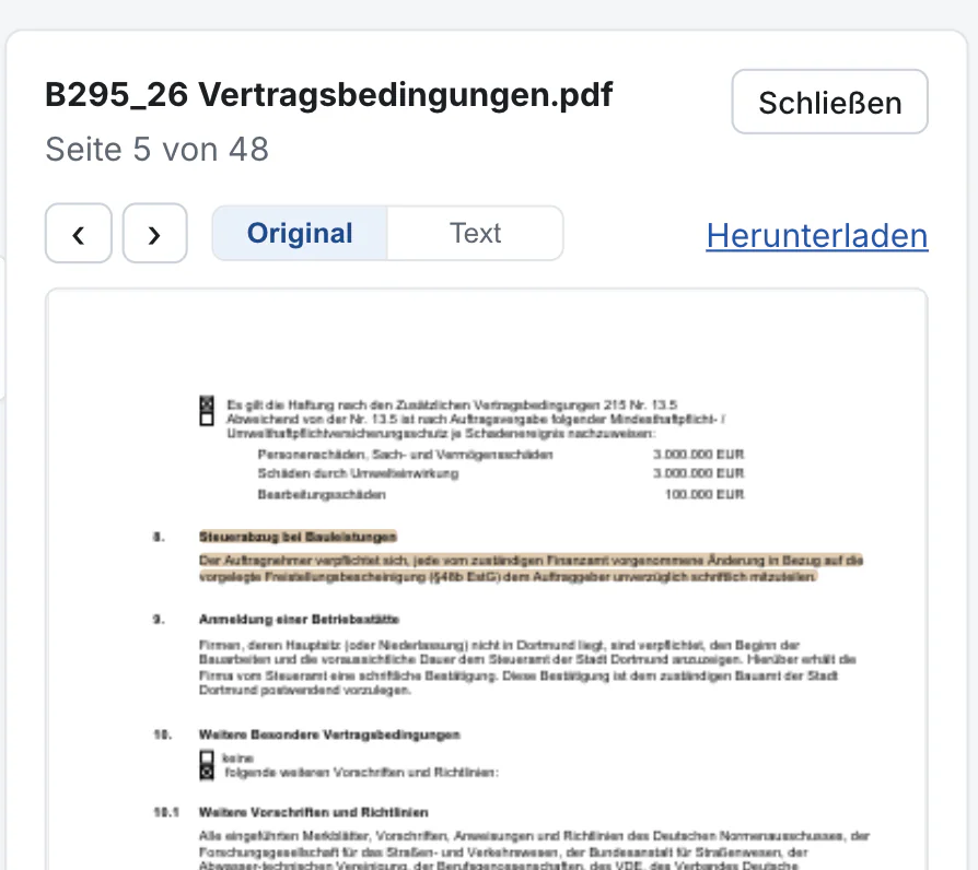 Originalseite mit markierter Fundstelle einer Anforderung