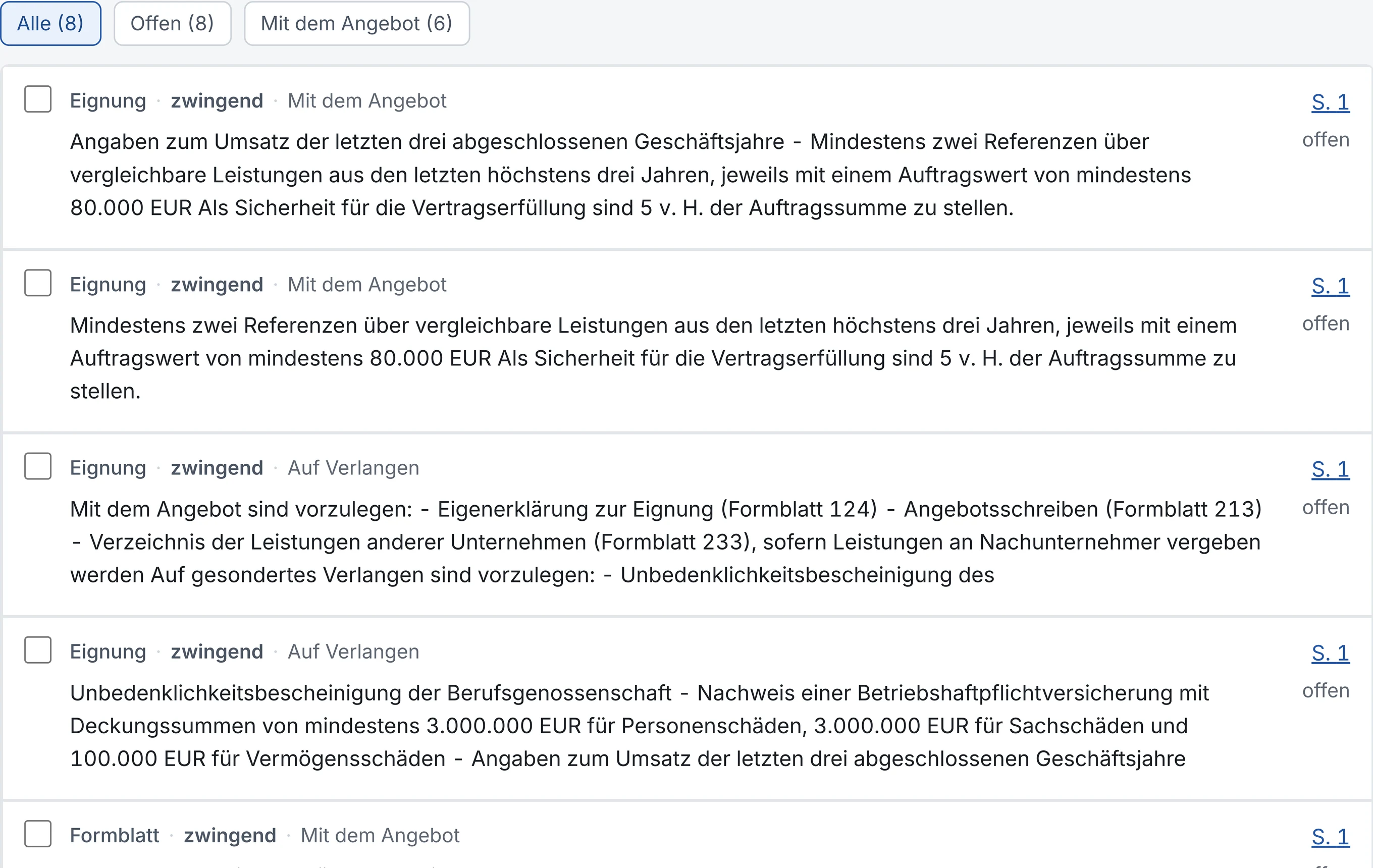 Submira-Bericht: Anforderungsregister links, die Originalseite mit markierter Fundstelle rechts