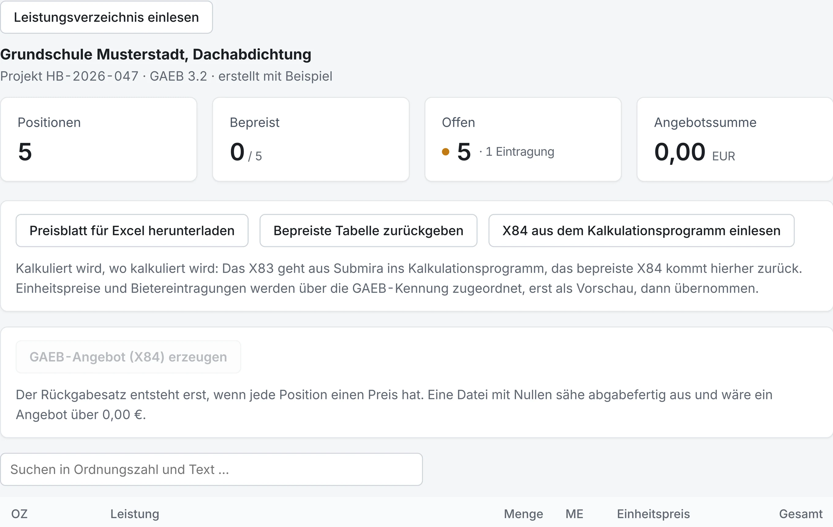 Leistungsverzeichnis mit 17 Positionen, Bepreisung und Angebotssumme