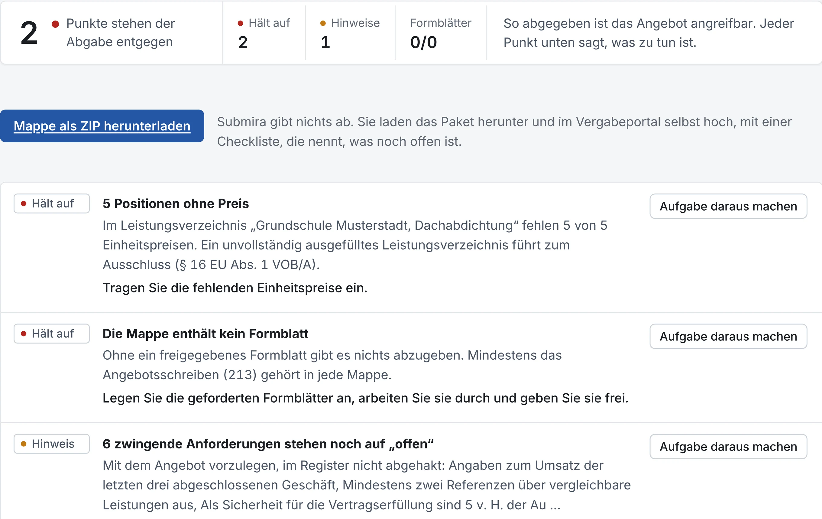 Abgabemappe mit 18 Punkten, die der Abgabe entgegenstehen, und der Liste, was aufhält