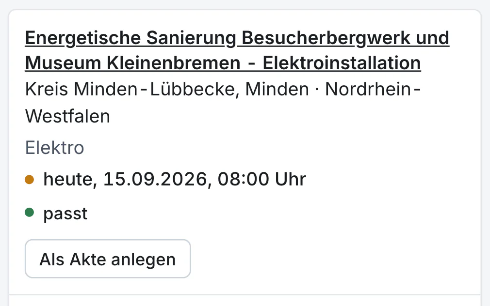 Radar: Bauvergabe mit Auftraggeber, Ort, Gewerk und Angebotsfrist